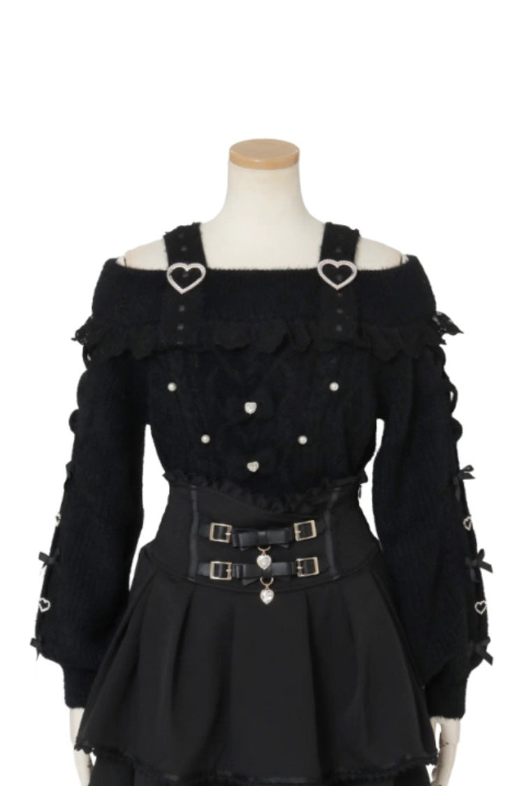 [Fluffy Heart] Boat Neck Long Sleeves Bow Jirai Kei Elegant Knitwear
