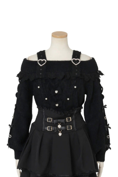 [Fluffy Heart] Boat Neck Long Sleeves Bow Jirai Kei Elegant Knitwear