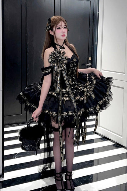 Black [Young Lady] Halterneck Sleeveless Multi-Layered Ruffle Bowknot Elegant Princess Gothic Lolita Dress