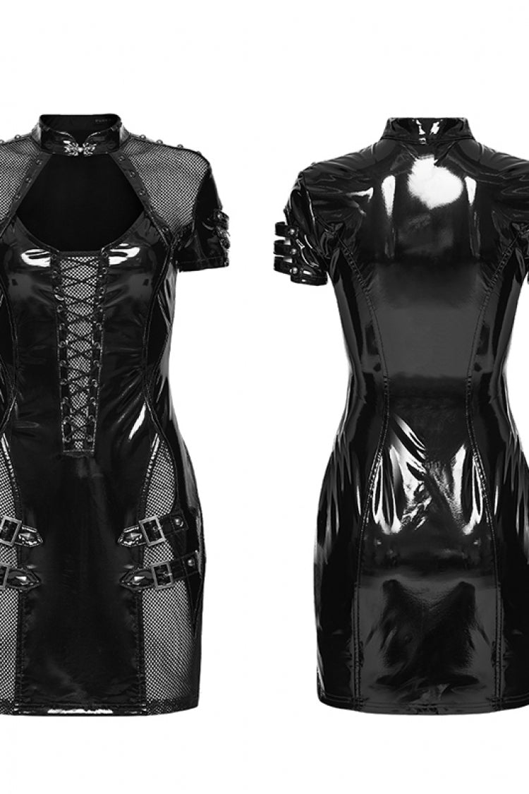 Black Stand Collar Short Sleeves Spliced Lace-Up Slim Mesh Buckled Women's Punk Handsome Dress