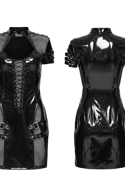 Black Stand Collar Short Sleeves Spliced Lace-Up Slim Mesh Buckled Women's Punk Handsome Dress