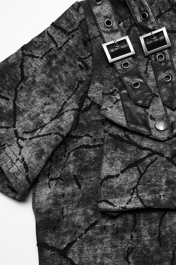 Grey Short Sleeves Big-pocket Tie-dyed Hooded Men's Punk T-Shirt