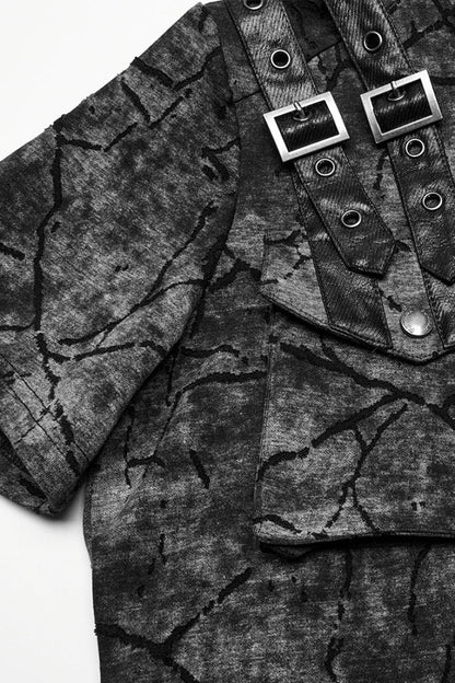 Grey Short Sleeves Big-pocket Tie-dyed Hooded Men's Punk T-Shirt