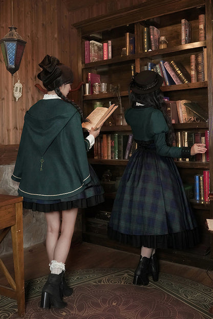 Blue/Green [Berlin's letter] Double-Layered Plaid Print Ruffle Bowknot Classic College Style Lolita Strap Dress Set 2 Versions