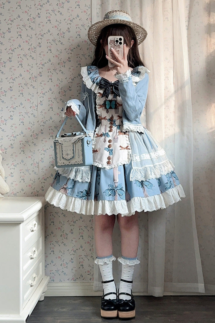 Blue [The Witch’s Banquet] Sleeveless Printed Ruffled Embroidered Bow Lace Sweet Lolita Jsk Dress