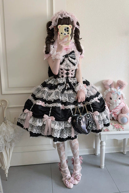 Black/Pink [Silk Satin Gift Box] Square Collar Sleeveless Multi-Layered Ruffled Bow Lace Sweet Lolita Jsk Dress