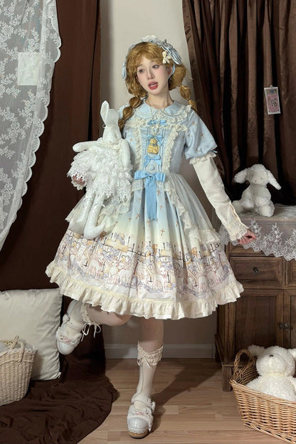 Blue [Angel Lamb] Lapel Collar Short Sleeves Printed Ruffled Bow Sweet Lolita Dress