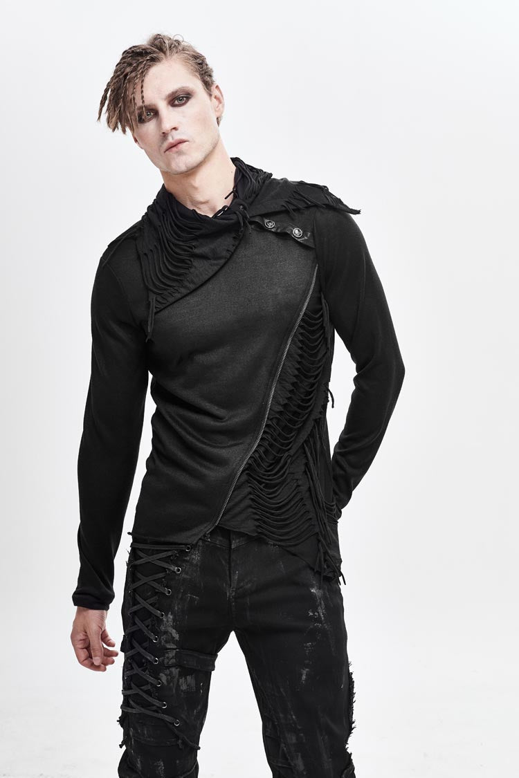 Black Ragged Turn-Down Collar Woolen Long Sleeve Irregular Hem Men's Punk T-Shirt