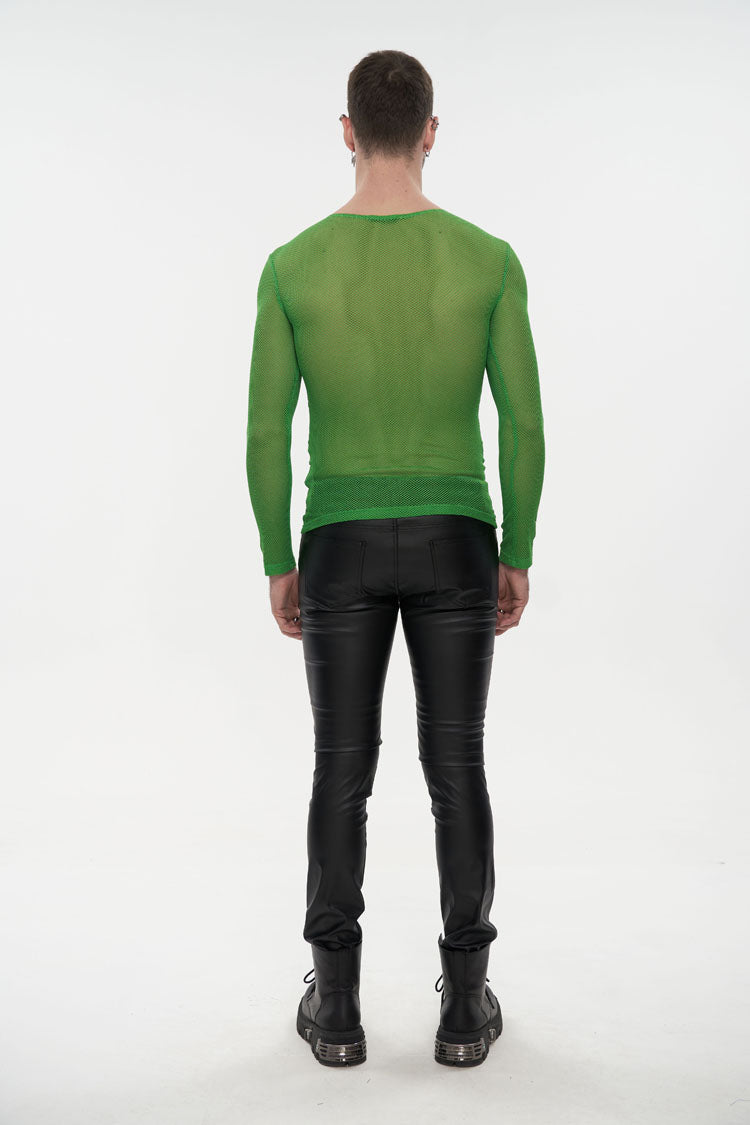 Green Elasticity High Neck Long Sleeve Mesh Men's Gothic T-Shirt