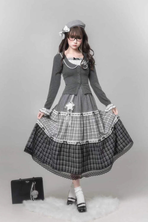 Grey [Star Candy] Square Collar Long Sleeves Printed Cut-Out Lace Faux Two-Piece Sweet Lolita Skirt Set