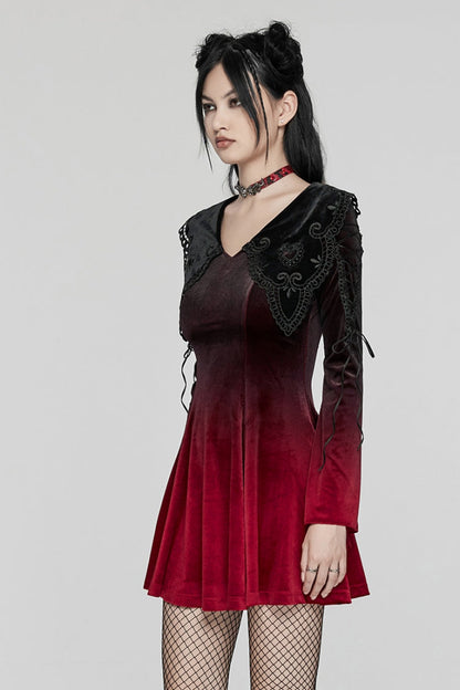 Black/Red Doll Collar Long Sleeves Gradient Embroidery Women's Gothic Prom Dress