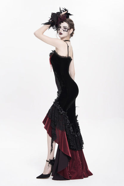 Black/Red Sleeveless Cross Ruffled Floral Embroidered Chain-Decorated Women's Gothic Long Slip Dress