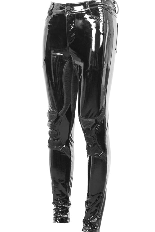 Black Punk Kneepad Shiny Leather Tight Mens Pants