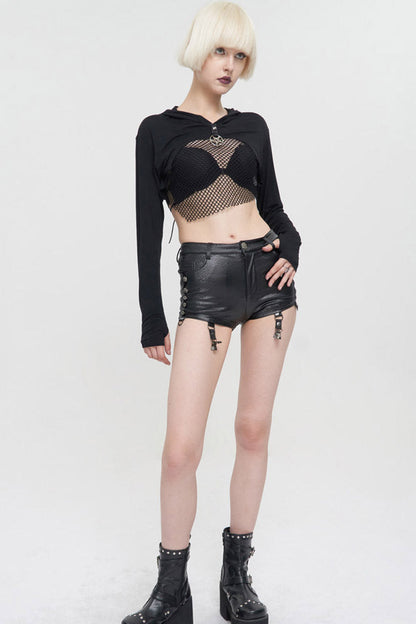 Black Punk Long Sleeve Knitted Chest Mesh Perspective Back Drawstring Adjustment Hoodie Women's Shirt