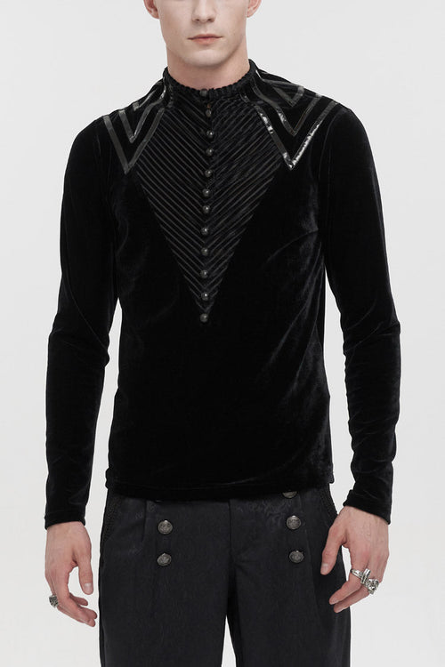 Black Round Collar Long Sleeves Stripes Splice Velvet Men's Gothic Shirt
