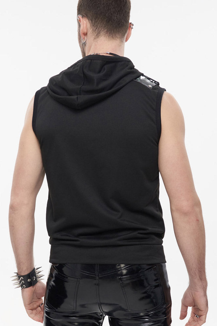 Black Punk Metal Skull Patent Leather Bullet Clip Textured Zip Hooded Sleeveless Men's T-Shirt