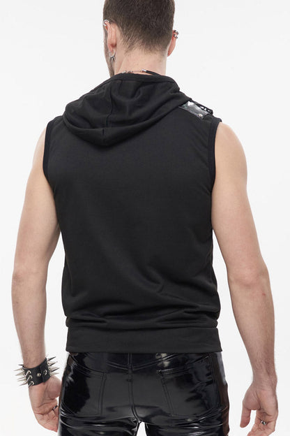 Black Punk Metal Skull Patent Leather Bullet Clip Textured Zip Hooded Sleeveless Men's T-Shirt