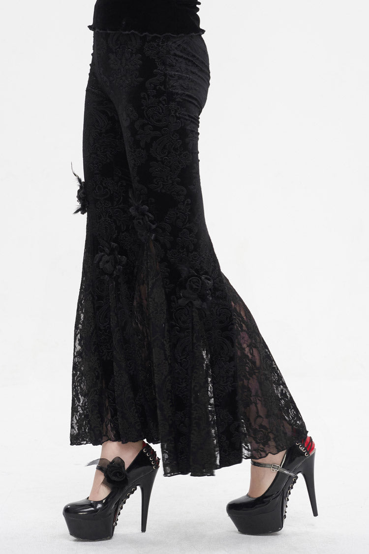 Black Printed Lace Embroidered Women's Gothic Flared Pants