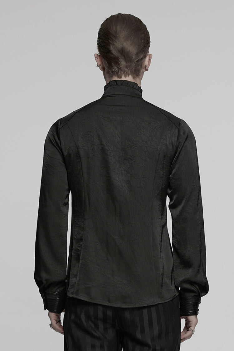 Black Stand Collar Long Sleeves Ruffle Pleated Men's Gothic Blouse
