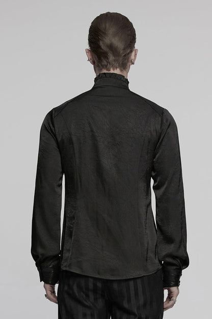 Black Stand Collar Long Sleeves Ruffle Pleated Men's Gothic Blouse