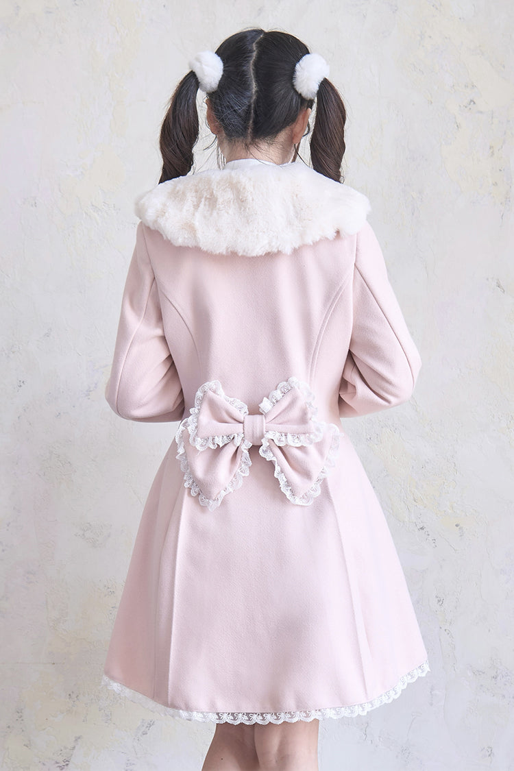 Sweet Plush Collar Waist-cinched Long Sleeves Bowknot Lace Japanese Lolita Coat 4 Colors