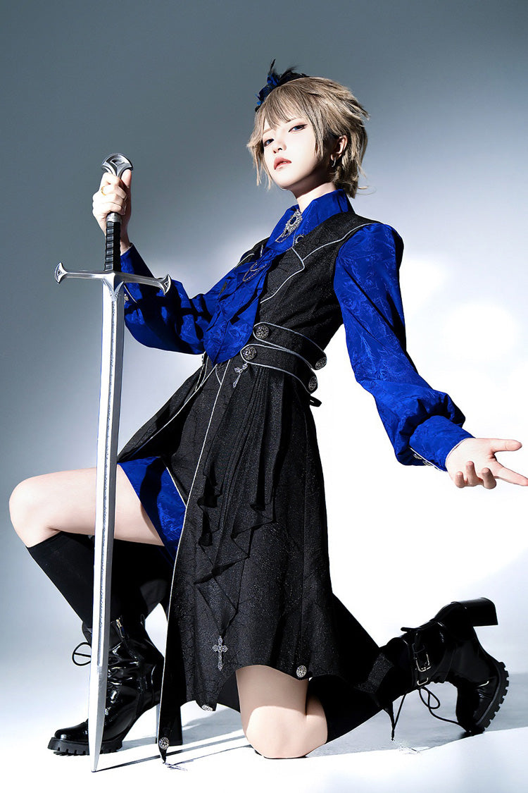 Black/Blue Courtly Knight-Style Long Sleeves Ruffle Embroidery Prince Ouji Lolita Set