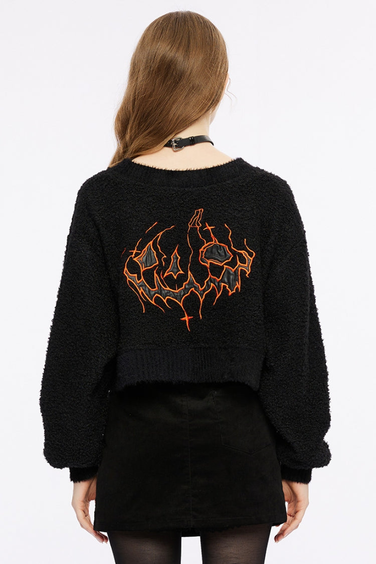 Black Wool Textured V Collar Long Sleeves Women's Gothic T-Shirt