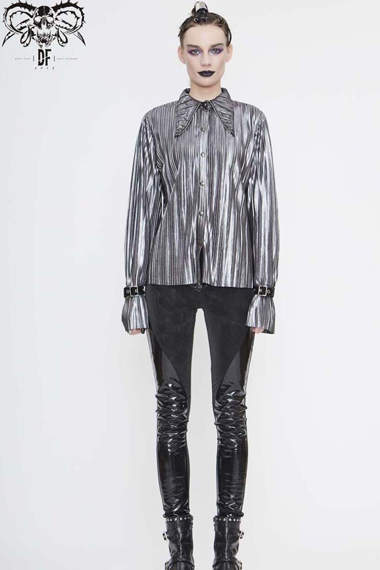 Silver Metal Buckles CuffPleated Pointed Collar Leather Loops Punk Shirt