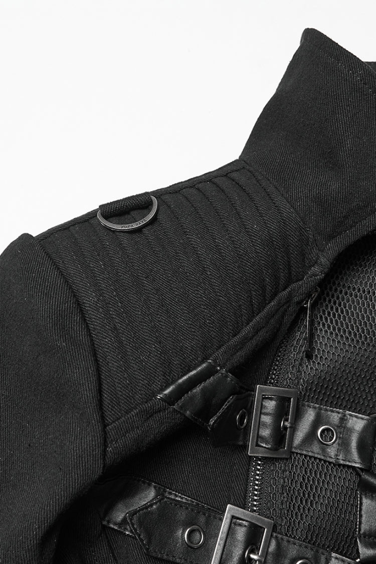 Black Stand Collar Long Sleeves Lace-Up Mesh Buckle Women's Punk Coat