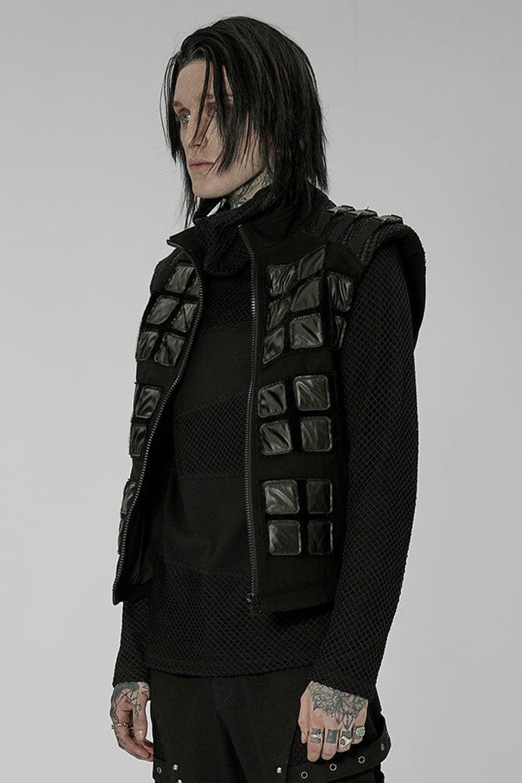 Black Punk High Collar Front Geometric Patterns Splicing Design Shoulder Padded Webbing Buckle Twill Men's Vest