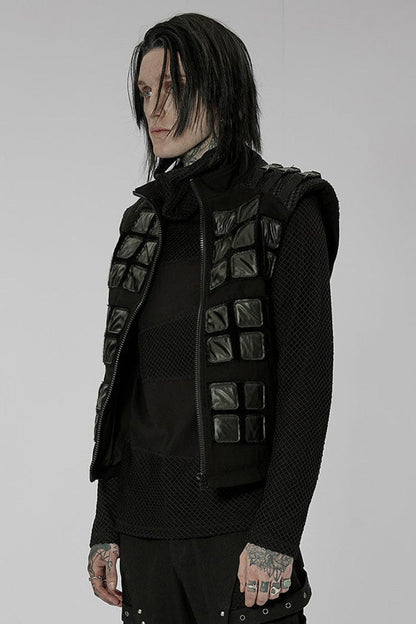 Black Punk High Collar Front Geometric Patterns Splicing Design Shoulder Padded Webbing Buckle Twill Men's Vest