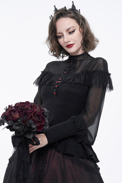 Black Retro Perspective Sexy Turtleneck Lace Panel Mesh Lantern Sleeve Women's Gothic T-Shirt
