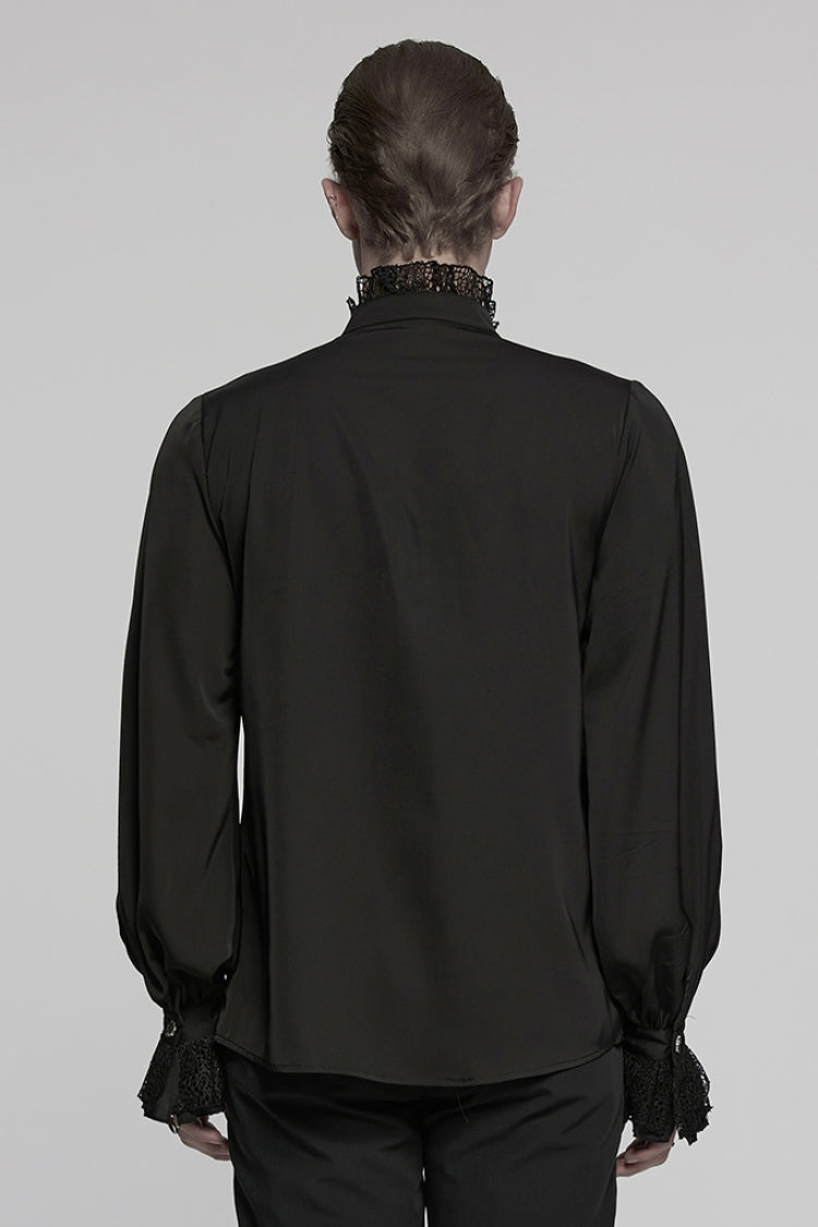 Black Stand Collar Long Puff Sleeves Stitching Lace Men's Gothic Blouse