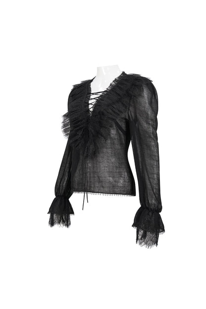 Black Thin Waist Plaid Stitching Layered Lace Long Sleeves Women's Gothic Shirt