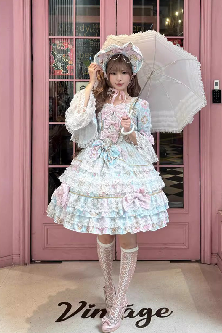 Blue [Candlelight Elegance] Long Trumpet Sleeves Multi-Layered Ruffle Bowknot Lace Sweet Elegant Lolita Dress