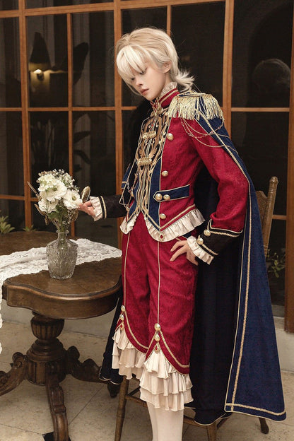 Red/Blue [Royal Glory] Stand Collar Long Sleeves Ruffled Embroidered Gothic Vintage Prince Palace Ouji Lolita Set