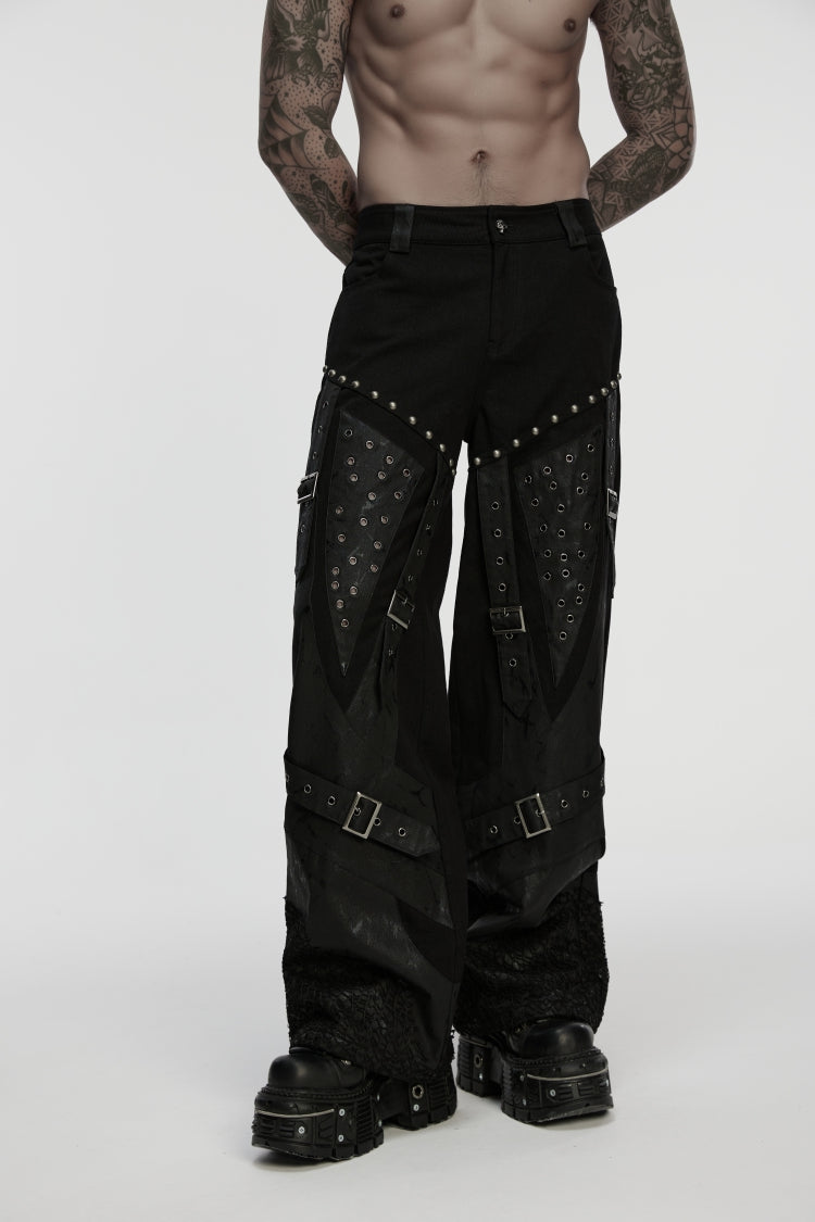 Black Studded Buckled Eyelet Men's Punk Pants