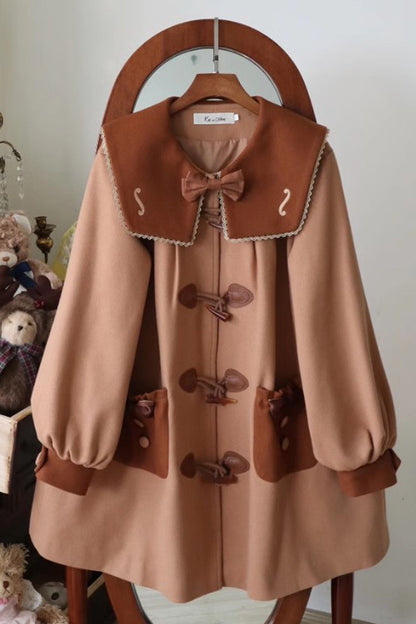Brown Violin Embroidery Horn Button Sweet College Style Lolita Coat