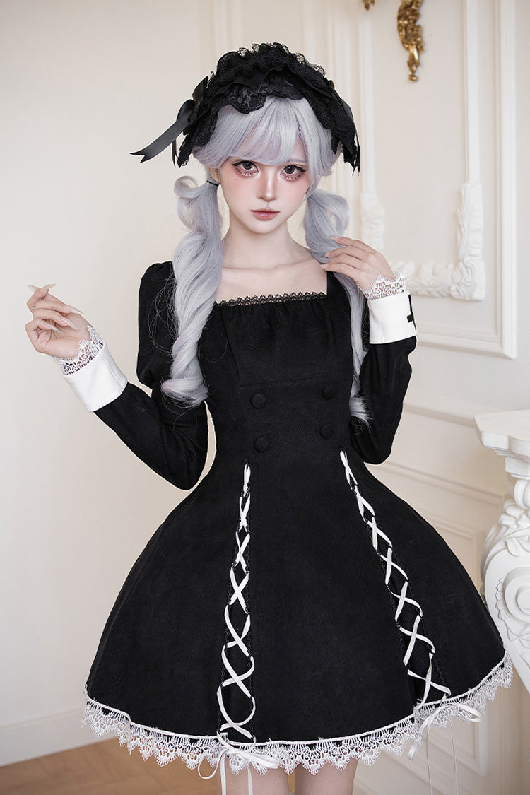 Black/White [Rose Doll] Square Collar Long Sleeves Bowknot Lace-Up Gothic Lolita Dress Set 2 Versions