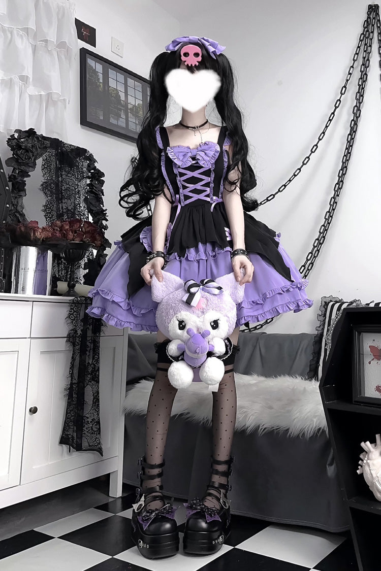Black/Purple [Halloween Little Witch] Sleeveless Double-Layered Ruffle Bowknot Lace-Up Gothic Lolita Jsk Dress