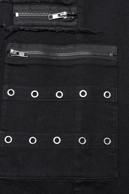 Black Women's Punk Cross Patch Big-pocket Denim Pants