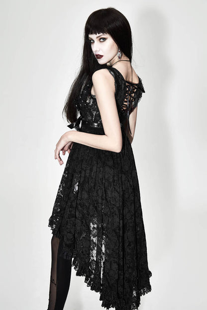 Black Waist Knot Back Lace-Up Frill Hem Sleeveless Rose Lace Mesh Women's Gothic T-Shirt