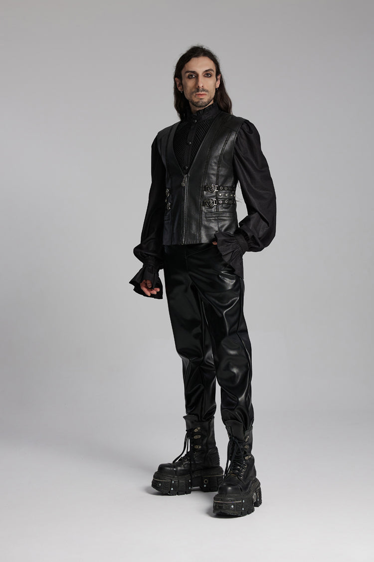 Black V Collar Sleeveless Buckle-up Zip Men's Gothic Vest