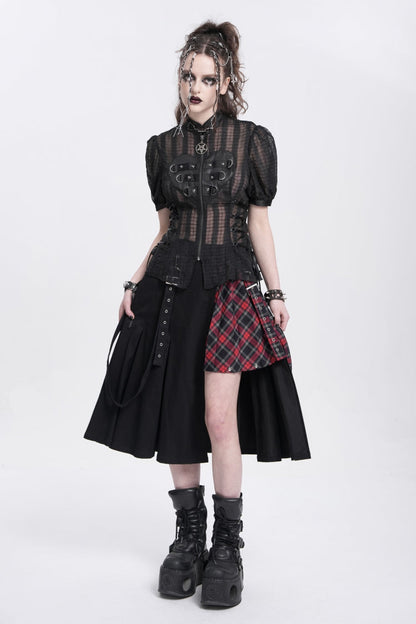 Black Stand Collar Short Puff Sleeves Sheer Mesh Women's Gothic Blouse