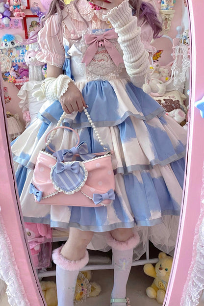 Blue Sleeveless Triple-Layered Cow Print Ruffle Bowknot Sweet Lolita Jsk Dress