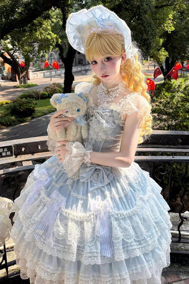 Blue [Moonlit Sakura Ode] Sleeveless Multi-Layered Ruffled Bow Lace Sweet Lolita Dress