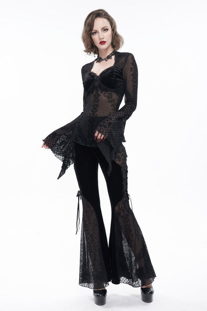 Black Velvet Mesh Splicing Metal Buttons Flared Sleeve Lace Women's Gothic T-Shirt