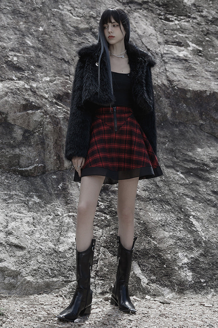 Red Chiffon Plaid Large-Hole Mesh Stitching V-Word Segmentation Design Sun-Hem Women's Punk Skirt