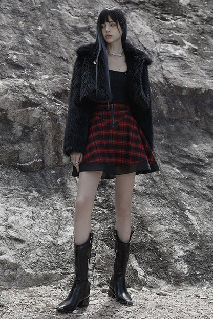 Red Chiffon Plaid Large-Hole Mesh Stitching V-Word Segmentation Design Sun-Hem Women's Punk Skirt