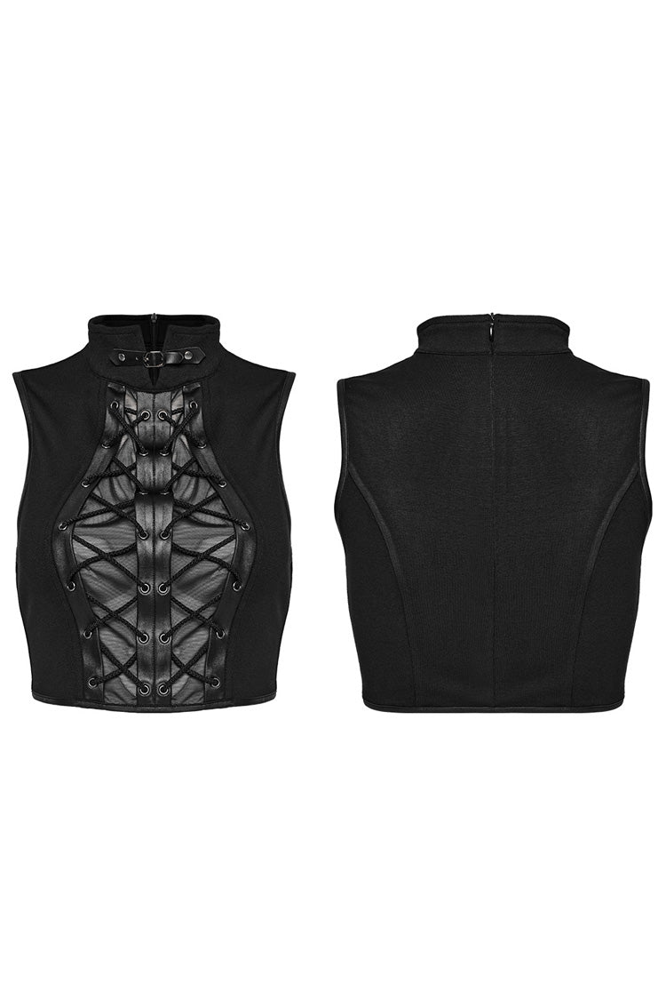 Black Stand Collar Sleeveless Stitching Lace-Up Ripped Women's Punk Tank Top